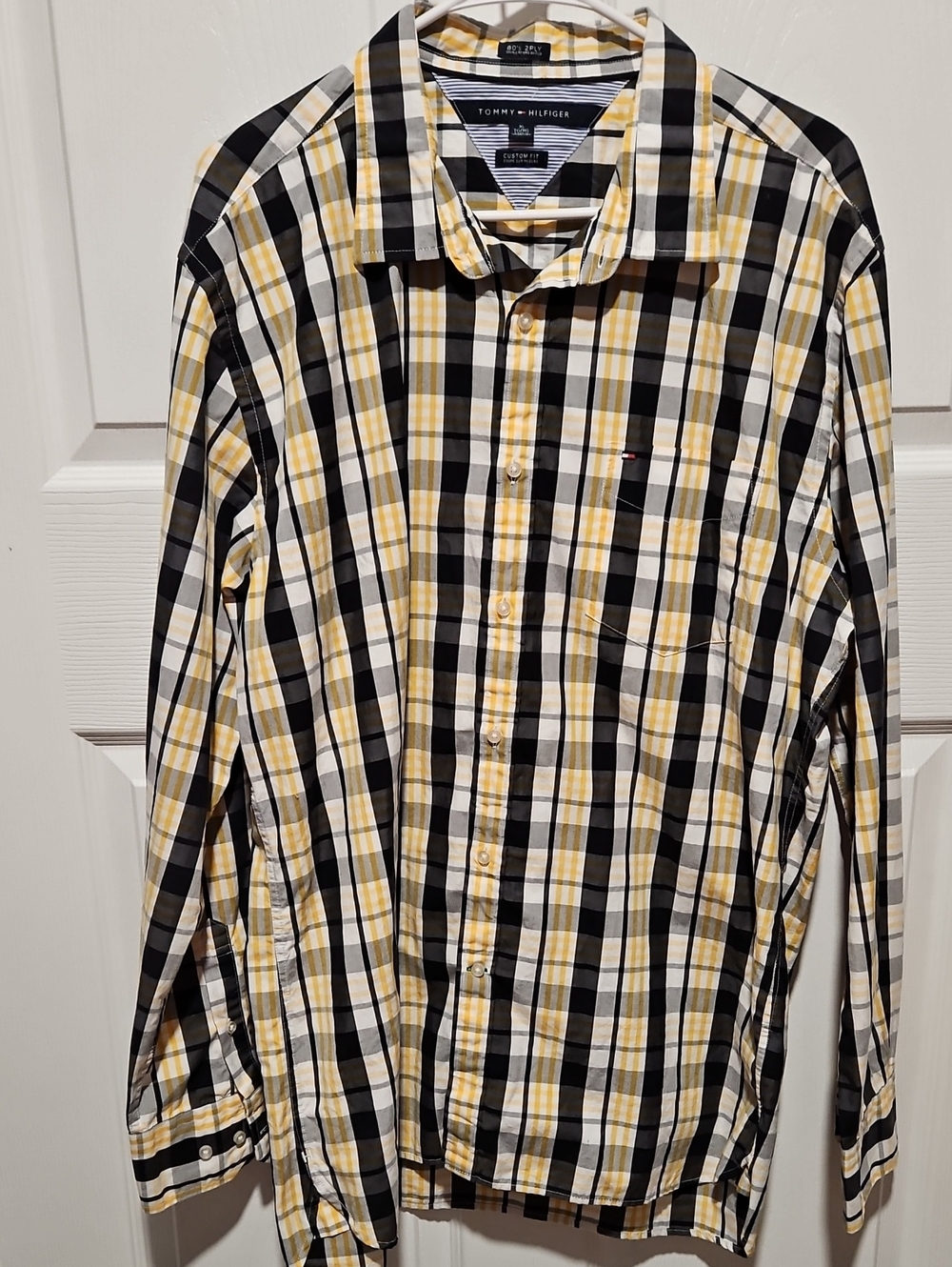 Tommy Hilfiger Men’s Yellow, Black and White Plaid Button-Down Shirt